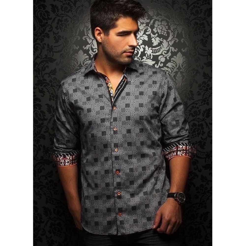 Au Noir Mens Button Down Shirt 9 5XL Patchwork Black White Long Sleeve Flip Cuff
